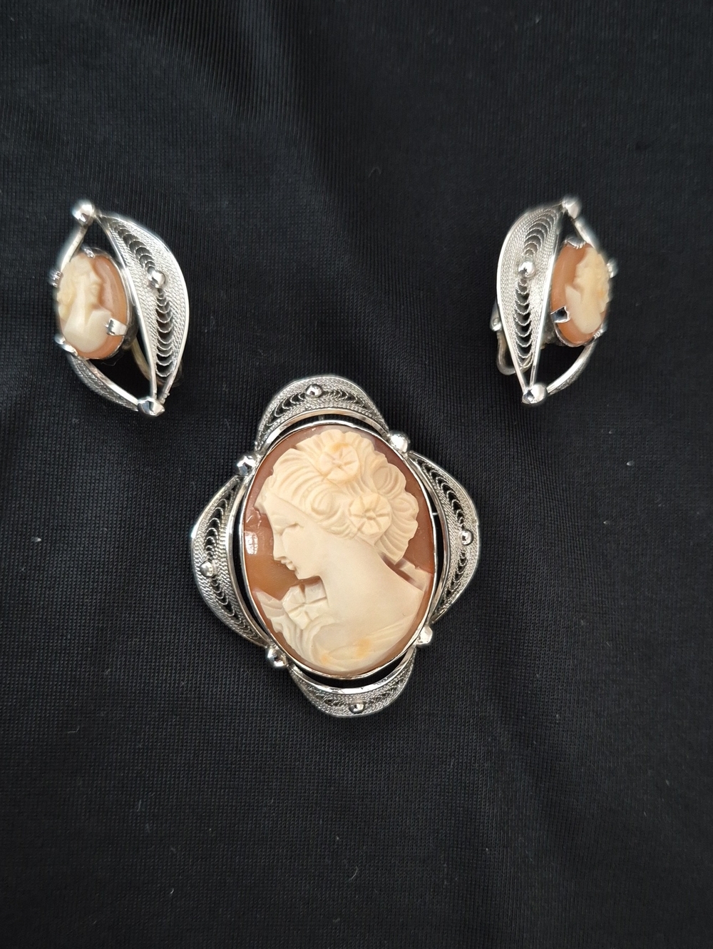 Vintage Sorrento Shell Cameo brooch and earrings in Sterling filigree setting